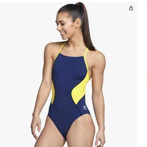 Speedo Women's One Piece Swimsuit, Endurance+ Crossback in Navy/Yellow Size 6/32
